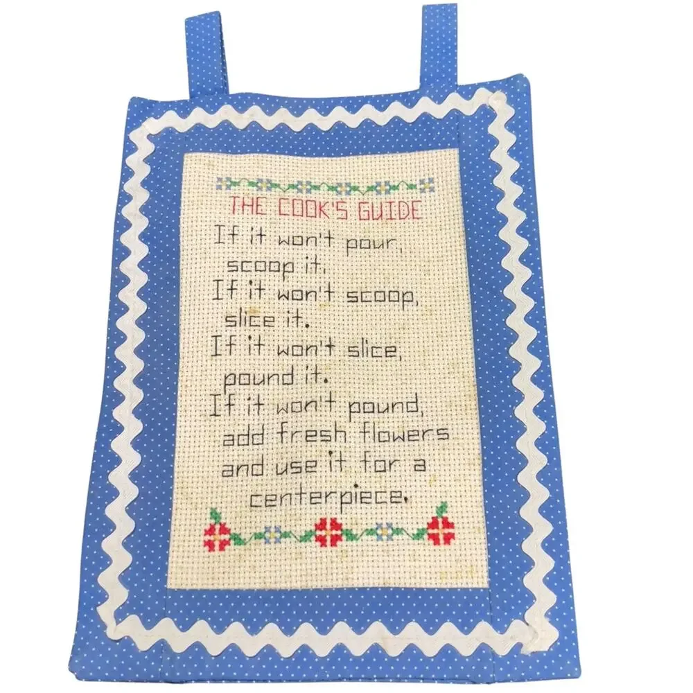 Vintage The Cook’s Guide Cross Stitch Kitchen Wall Hanging Blue Polka Dot